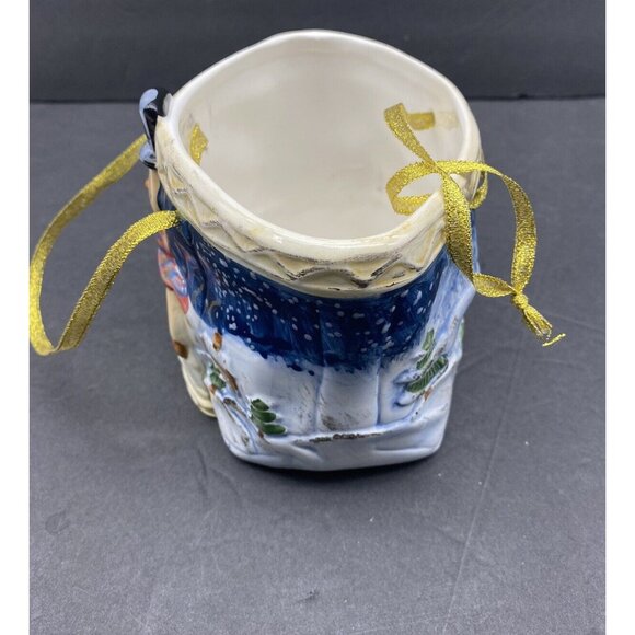 VTG Christmas Snowman Basket Planter Candy Bowl Ceramic Jay Import Ribbon Handle - Picture 4 of 11